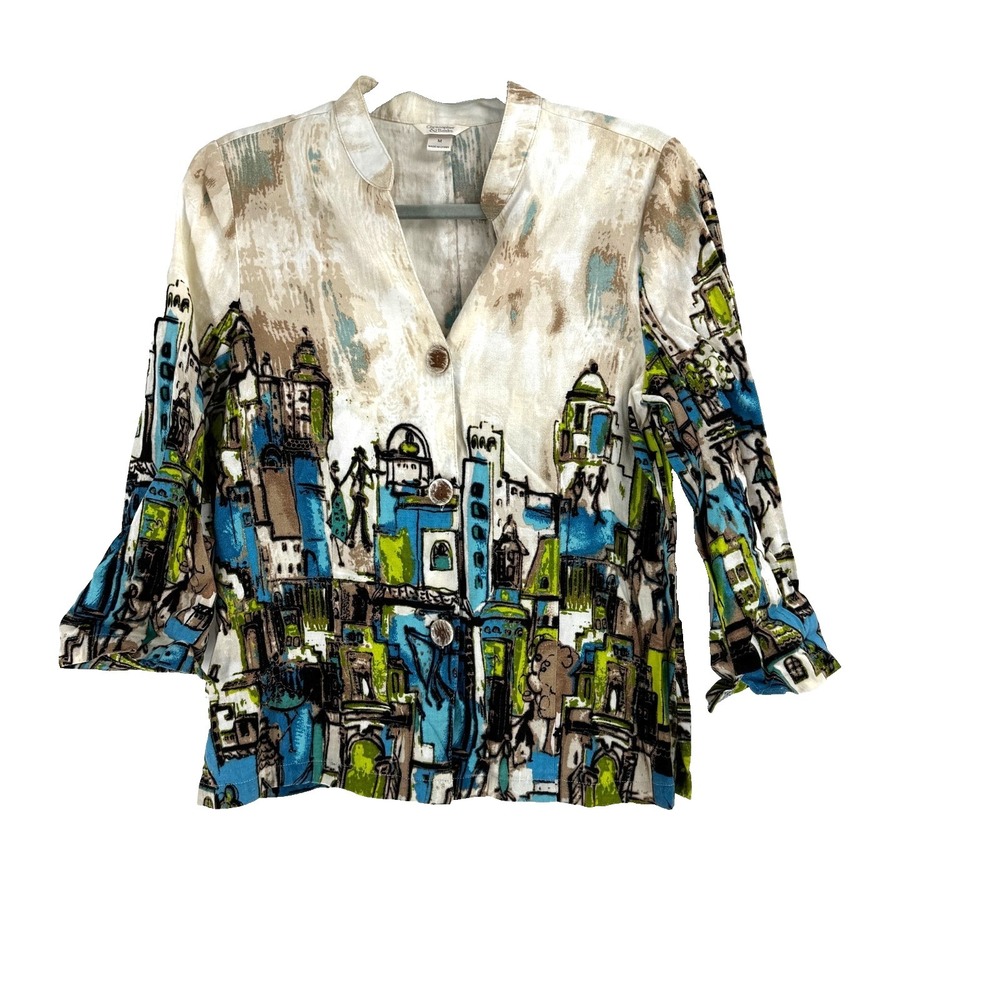 Christopher & Banks City Scape Blouse Women's Med Artistic Print Multicolor Top